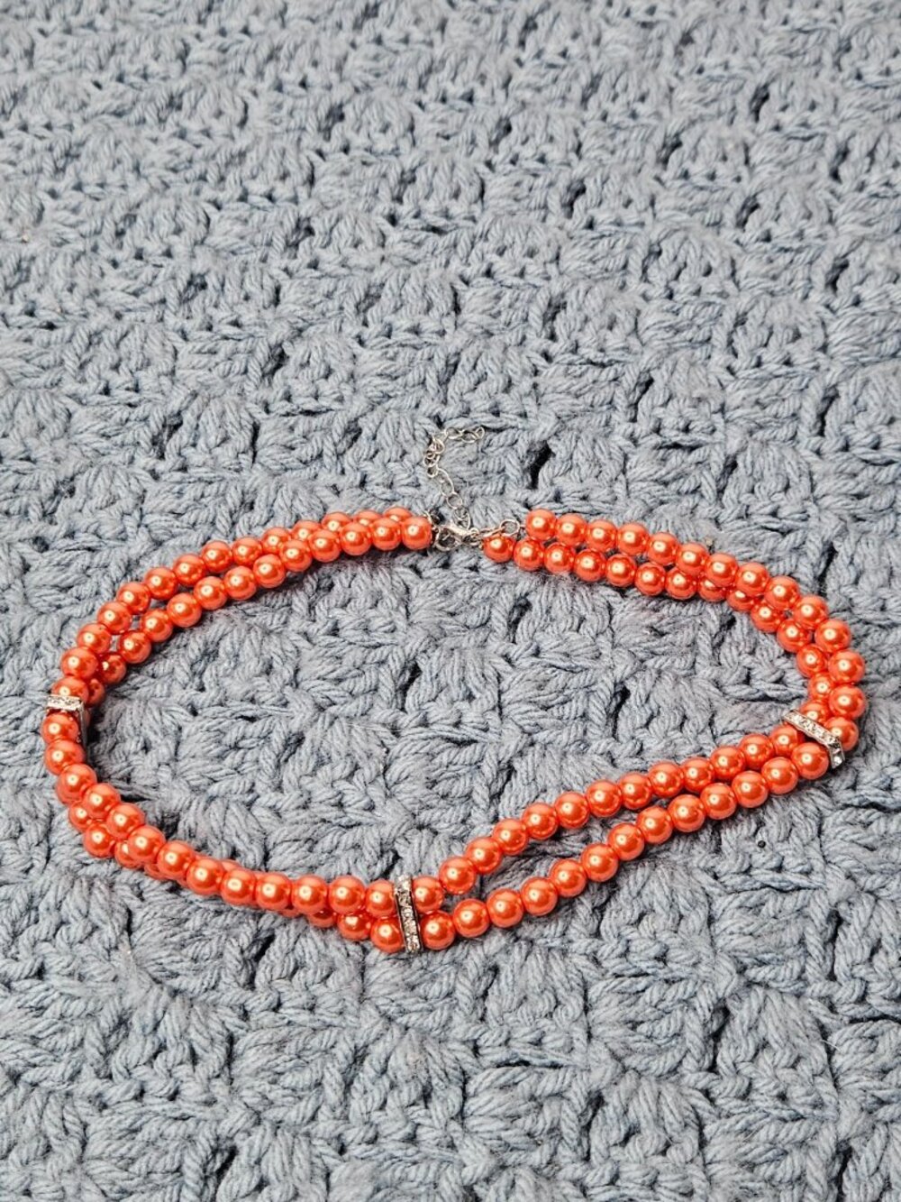 Orange Plastic Beaded Necklace Silvertone Clear Rhinestones 16 - 18 inches Long